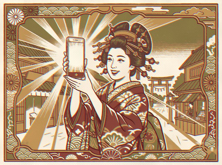 髪飾りの女性が光り輝くスマートフォンを掲げる引き札風の美人画