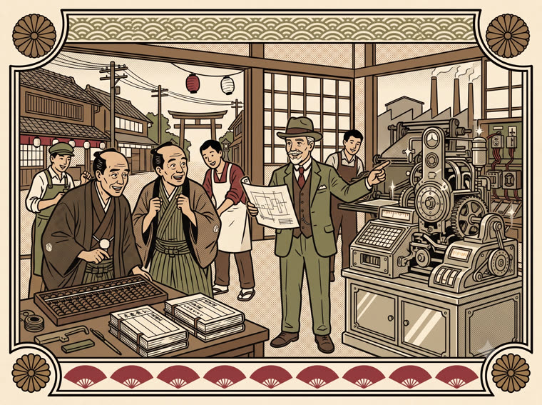 洋装の紳士が商家に新しい仕掛け図を示し旧い帳場が近代機械に一新される引き札風の絵（DXコンサルティング）