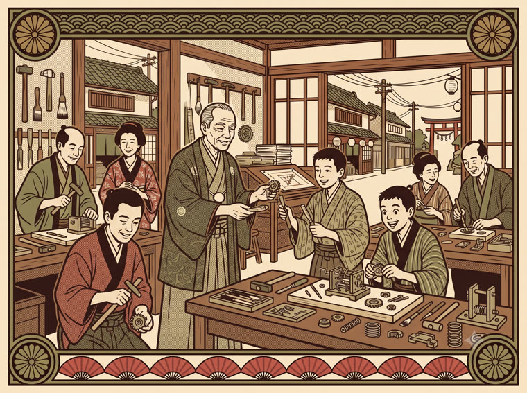 親方が弟子たちに道具を手渡し技を伝授する引き札風の絵（内製化支援）