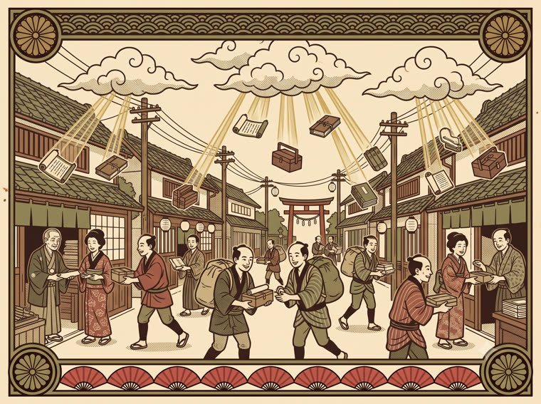 雲から巻物や道具箱が各商家へ届けられる引き札風の絵（SaaS・クラウド）