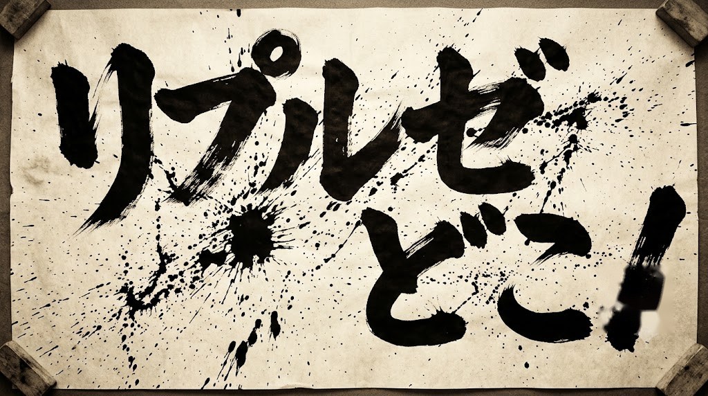 紙面いっぱいに墨飛沫を散らして殴り書きされた巨大な筆文字「リプルゼどこ！」
