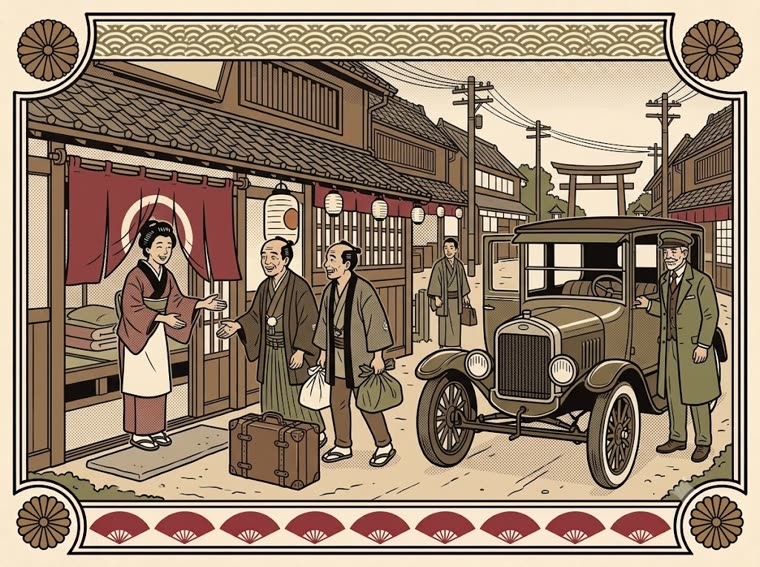 大正のクラシックカーと運転手、暖簾を掲げた旅館で女将が旅人を迎える引き札風の絵（モビリティ＆ステイ・レンタカーと民泊）