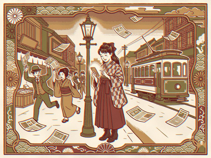 號外が舞ふ街角で、袴にブーツの女学生だけが涼しい顔でスマートフォンを読んでゐる石版画